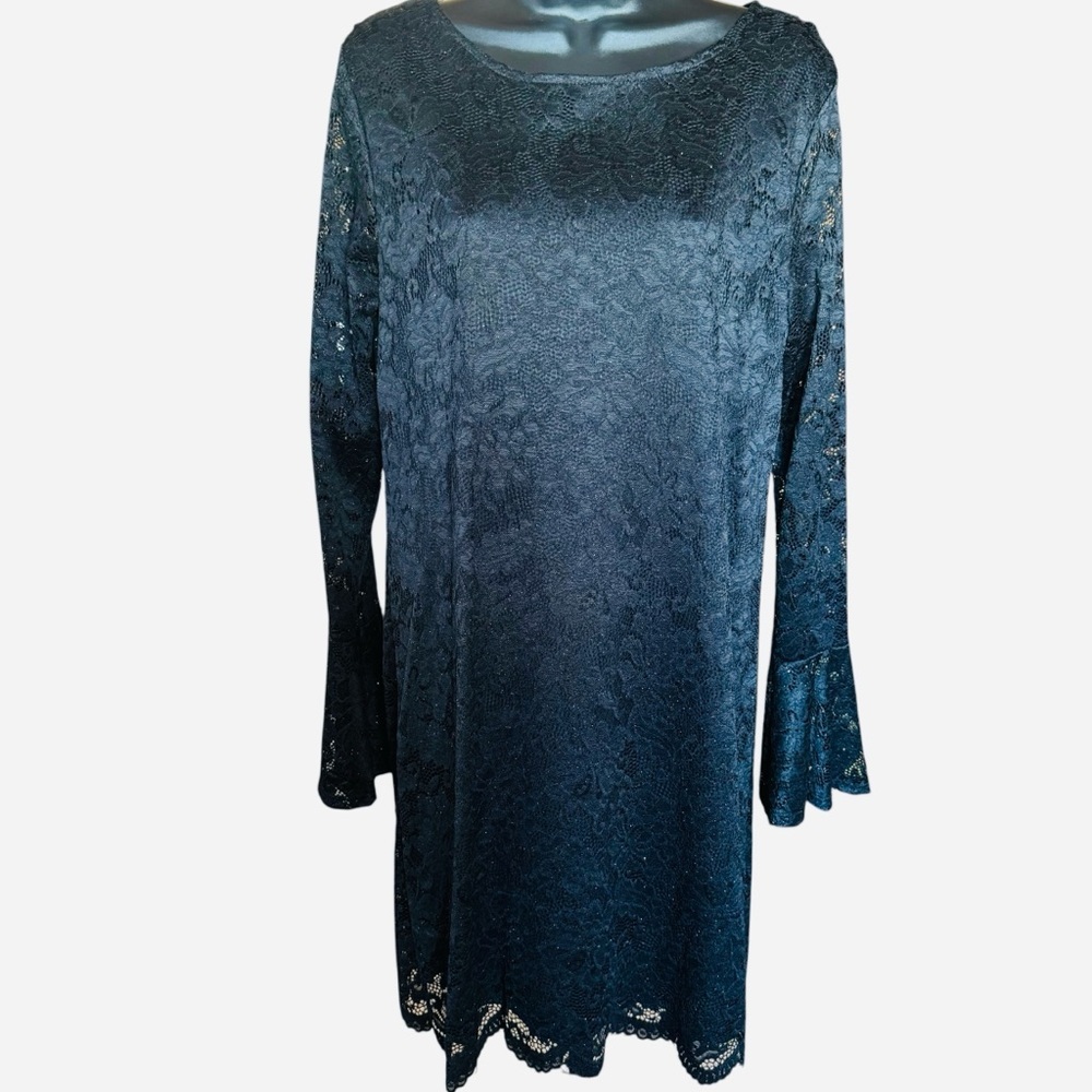 White Birch Lace Shift Dress Medium Black Bell Sleeve Sheer Overlay USA - Picture 2 of 8